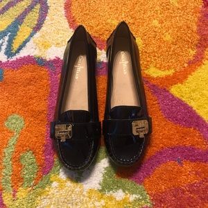 NEW: Cole Haan Black Patent, Gold Buckle Loafer